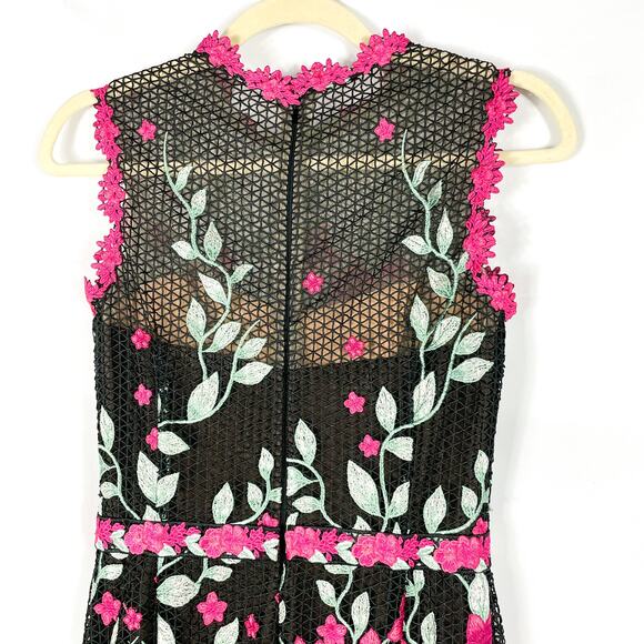 Marchesa Black Pink Floral Column Dress Embroidered Back Zip Sleeveless Sz 0 - Picture 10 of 12